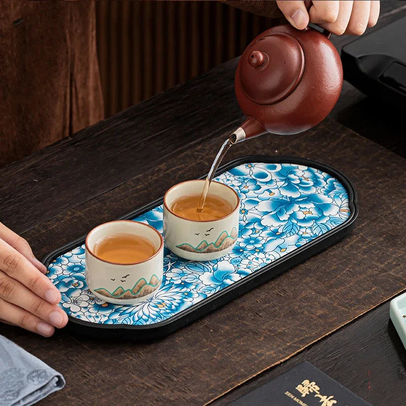 plateau thé traditionnel fleuri couleur noir tasse théière serviette asiatique