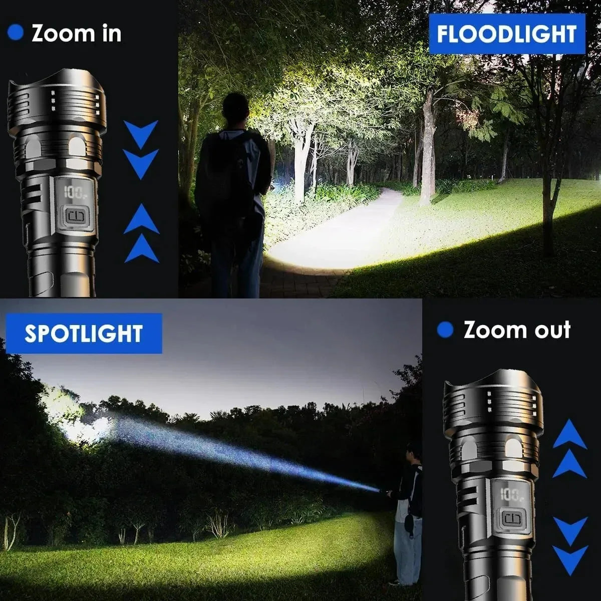 lampe torche rechargeable led noire intense camping 500m éclairage texturée rainures modernisée robuste