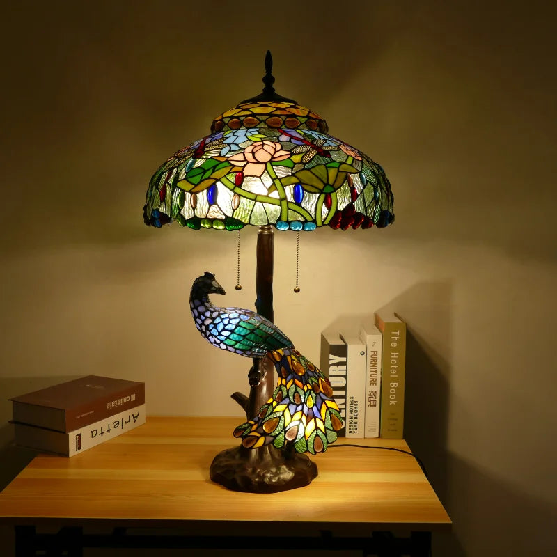 lampe table art nouveau multicolore verre opalescent motifs floraux oiseau sculpté base métal abat
