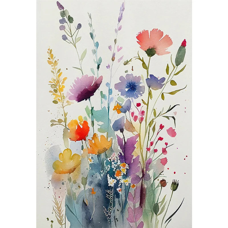 tableau moderne minimaliste multicolore fleurs aquarelle toile cadre bois chambre salon déco sans frame