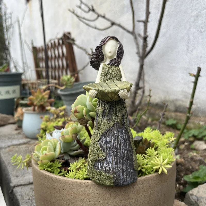 statue jardin oiseaux femme robe écorce feuilles naturelle artisanale résineextérieur minimalisteDecorationPelouseCour
