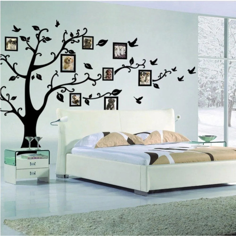 sticker mural arbre moderne noir branches feuilles oiseaux cadres photo 50x70cm