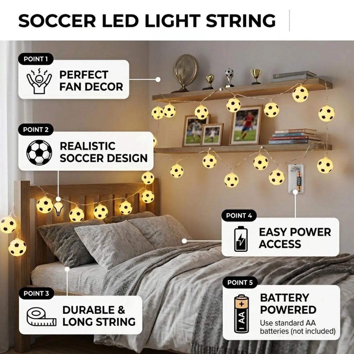 guirlande lumineuse football blanc noir jaune motifs ballons festif anniversaire mariage événement