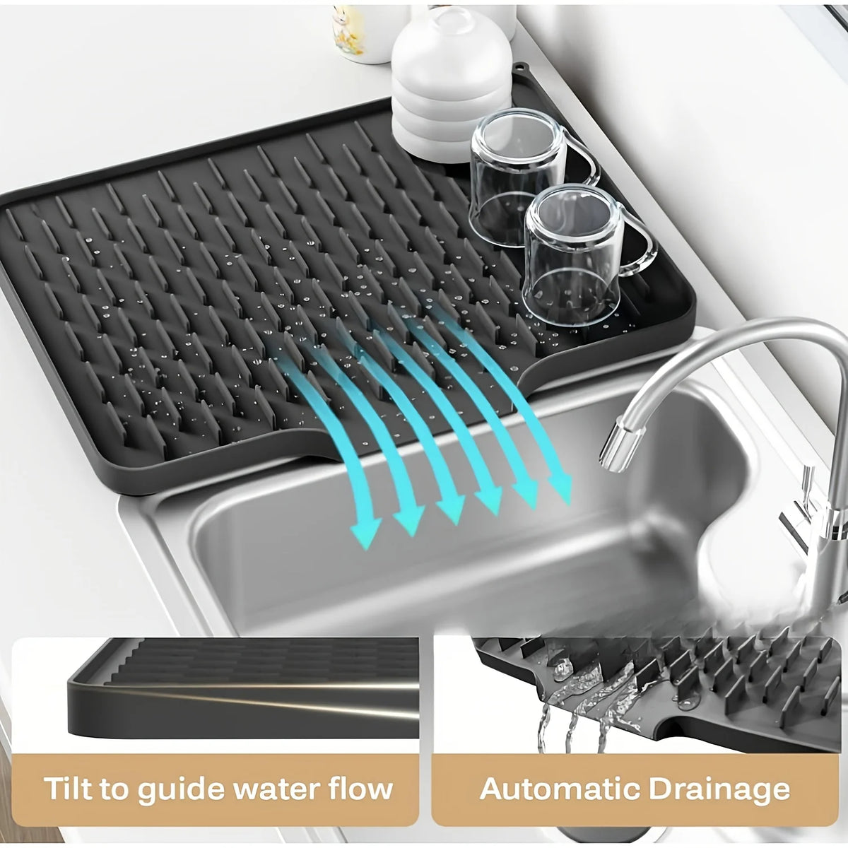 tapis drainage vaisselle silicone gris moderne rayures diagonales respectueux environnement 40x32.5cm