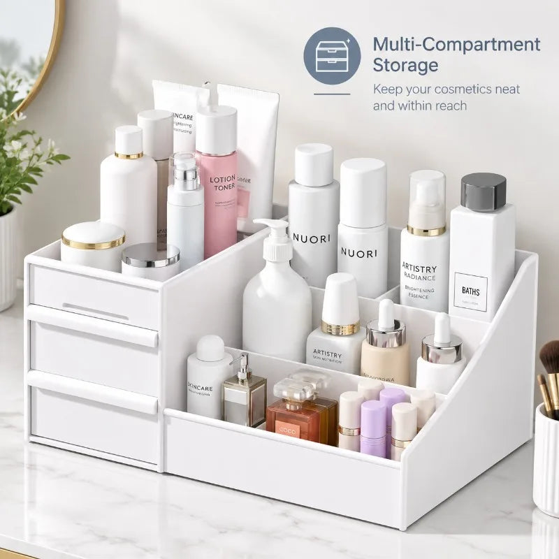 boîte rangement cosmétique blanche moderne réutilisable plastique mat organiser maquillage produits soins peau chambre