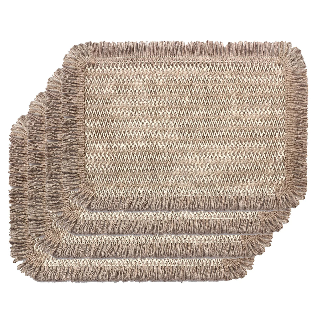 Sets table rectangulaires tressés bohèmes beige marron vert olive franges rustiques naturels