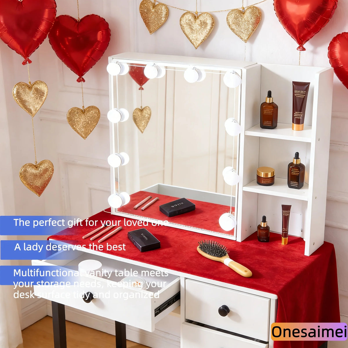 coiffeuse table maquillage miroir led éclairage étagères tiroirs fleurs décorations romantique moderne