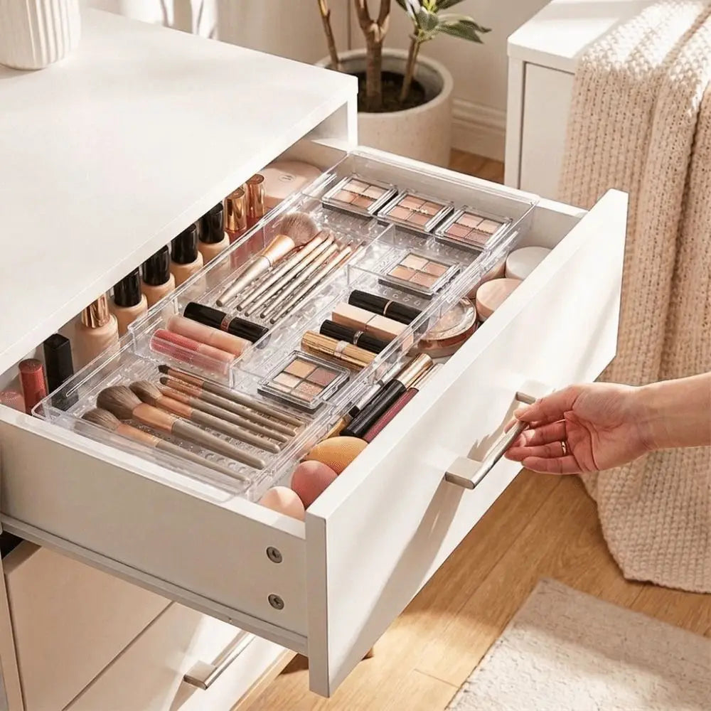organisateur tiroir extensible moderne fourchettes couteaux cuillères blanc noir transparent imitation marbre perforé minimaliste