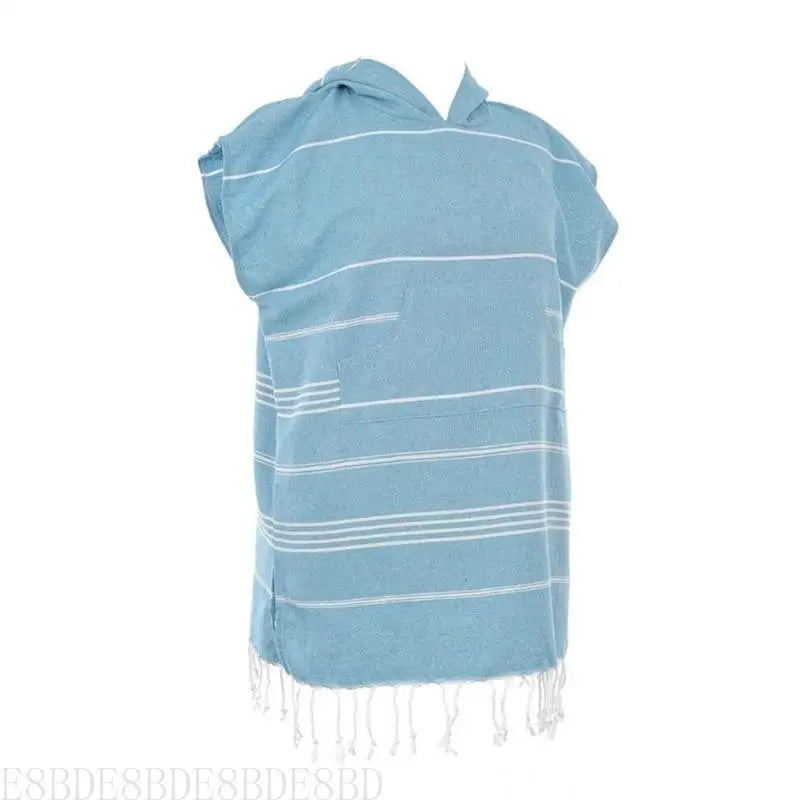 Poncho rayé bleu clair rose pâle gris poncho plage coton polyester poche franges
