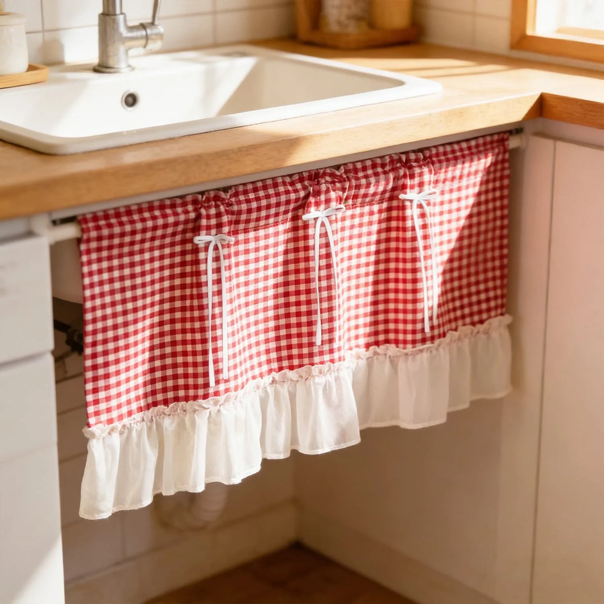 rideau vintage carreaux rouge blanc bordure blanche volants nœud papillon polyester rustic cuisine
