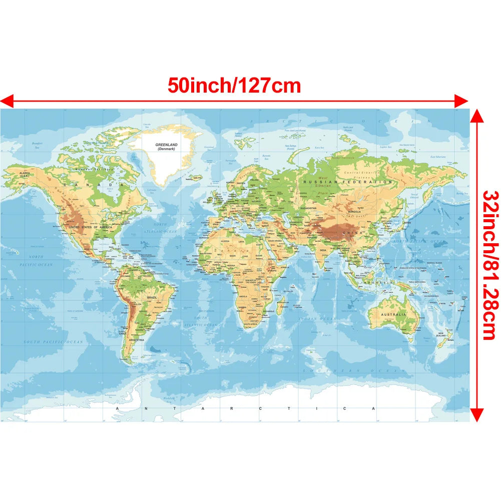 carte monde relief topographique villes marquées océans mers bleu vert beige