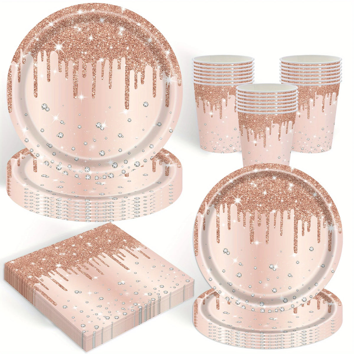 assiettes carton gobelets serviettes papier rose paillettes dorées moderne festif événements célébrations utilisation pratique