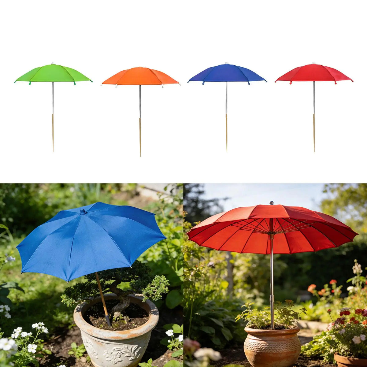 parasol extérieur moderne piquet bois protection solaire plantes couleurs vert orange bleu rouge