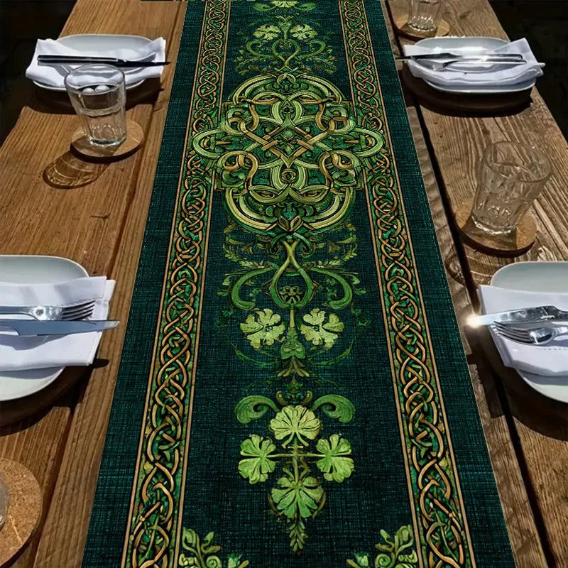 nappe lin trèfles celtiques motifs végétaux vert or festive table decoration durable