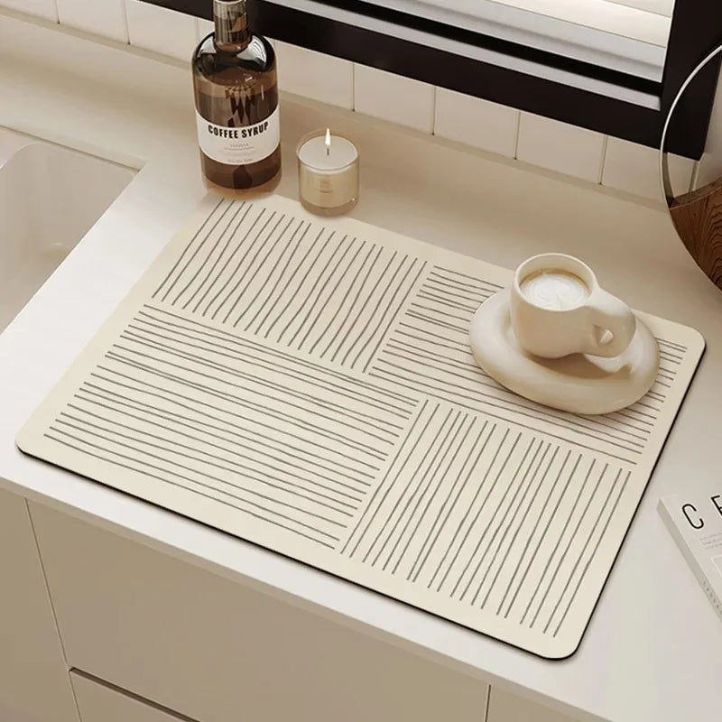 tapis séchage vaisselle cuisine beige clair motif rayures horizontales moderne absorbant antidérapant étanche