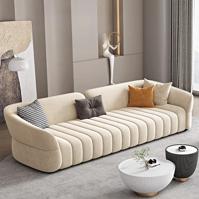 canapé moderne minimaliste tissu uni beige coussins décoratifs multifonctions inclinable