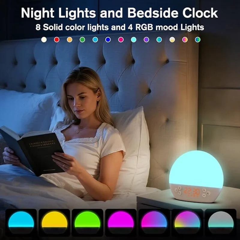 réveil lumineux veilleuse ambiance rgb sons apaisants lumière douce horloge numérique couleur changeante nuit