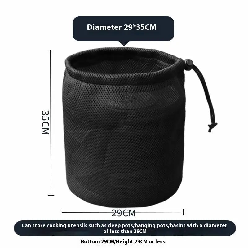 sac rangement noir maille opacité cordelette pratique camping cuisine pique nique organisation vaisselle barbecue
