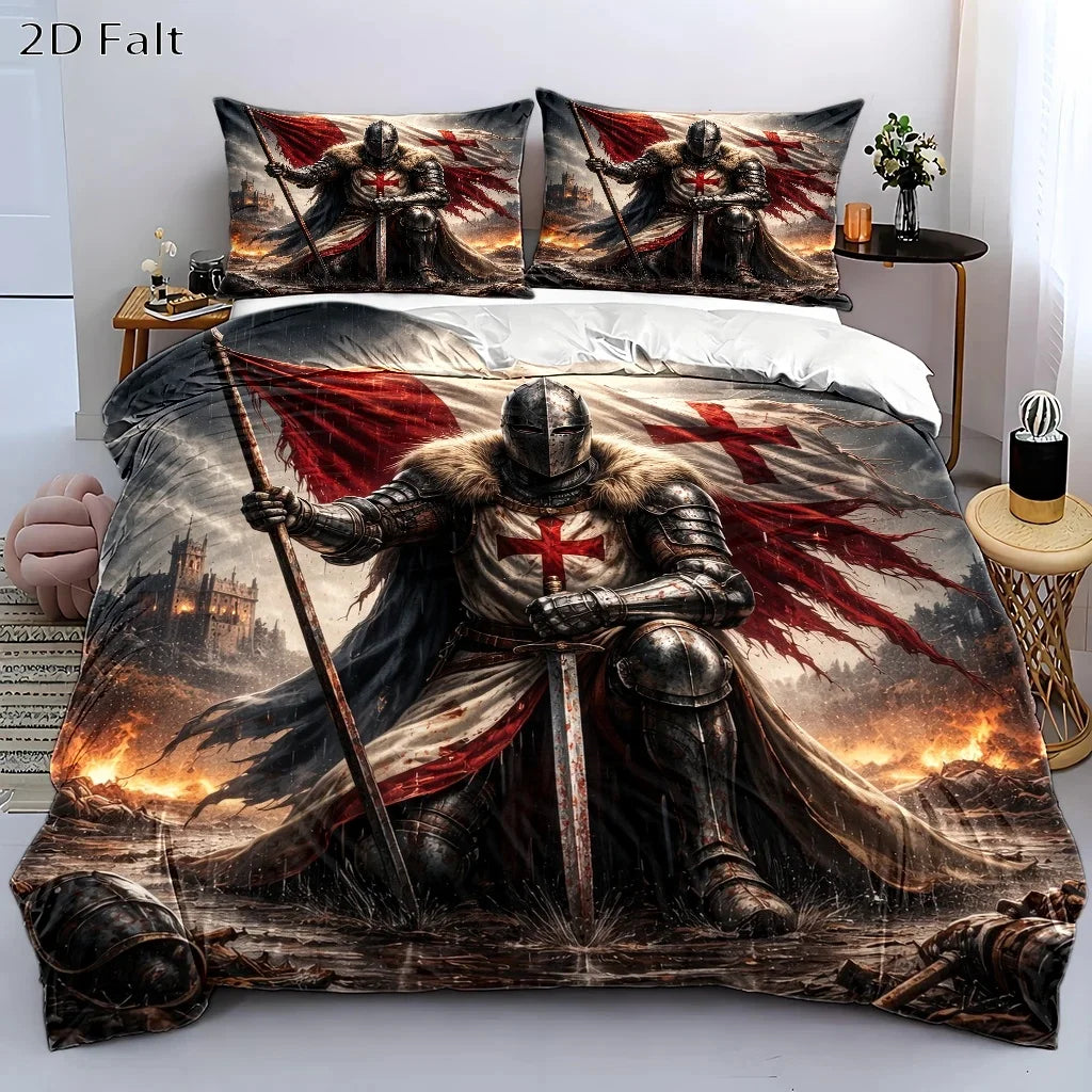 housse couette templier médiéval taies oreiller lit dessin animé chevalier bannières ruines flammes chambre