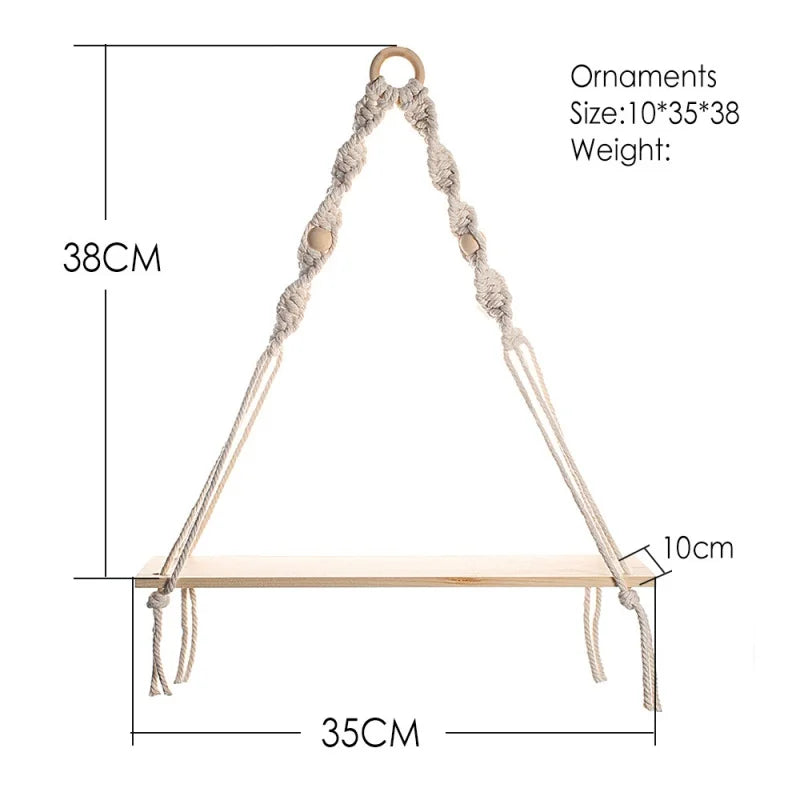 étagère suspendue macramé bois boho décor chambre salon nursery plantes anneaux métal