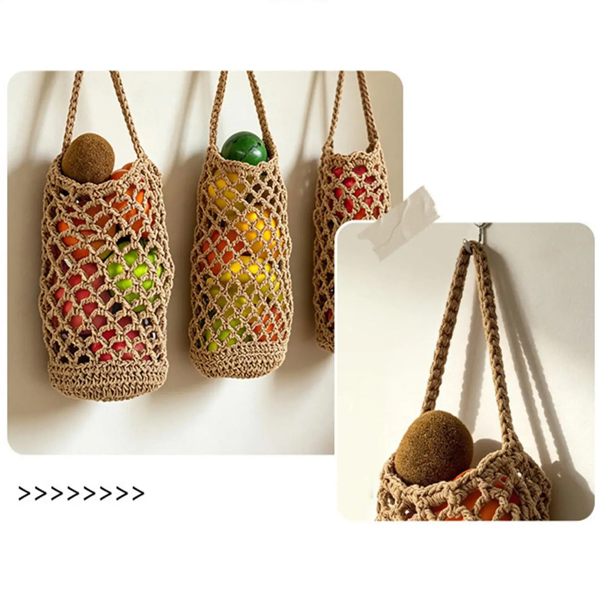 panier rangement mural crocheté fruits légumes marron rouge vert jaune orange rustique bohème champêtre