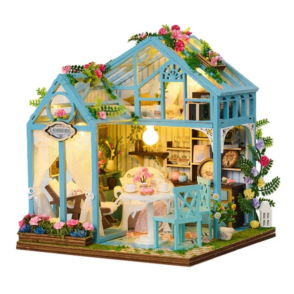 figurines bois maisonnette artisanat décoration intérieure meubles miniatures fleurs artificielles led chambre