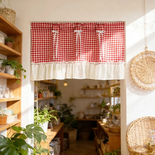 rideau vintage carreaux rouge blanc bordure blanche volants nœud papillon polyester rustic cuisine