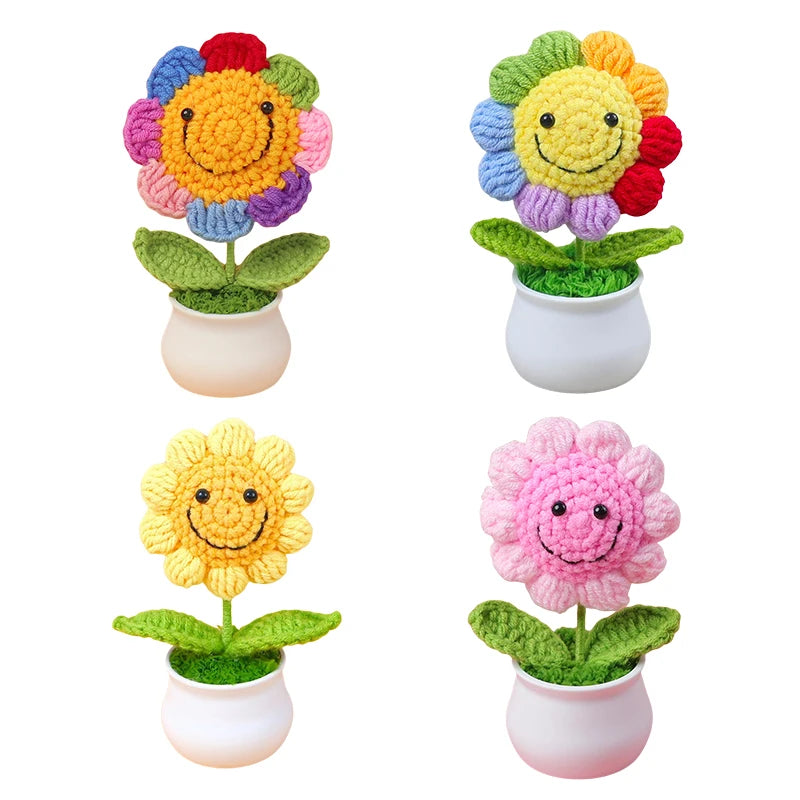 fleurs crochet rose jaune marron multicolore pot plastique décoration intérieure ornement créatif enfantin
