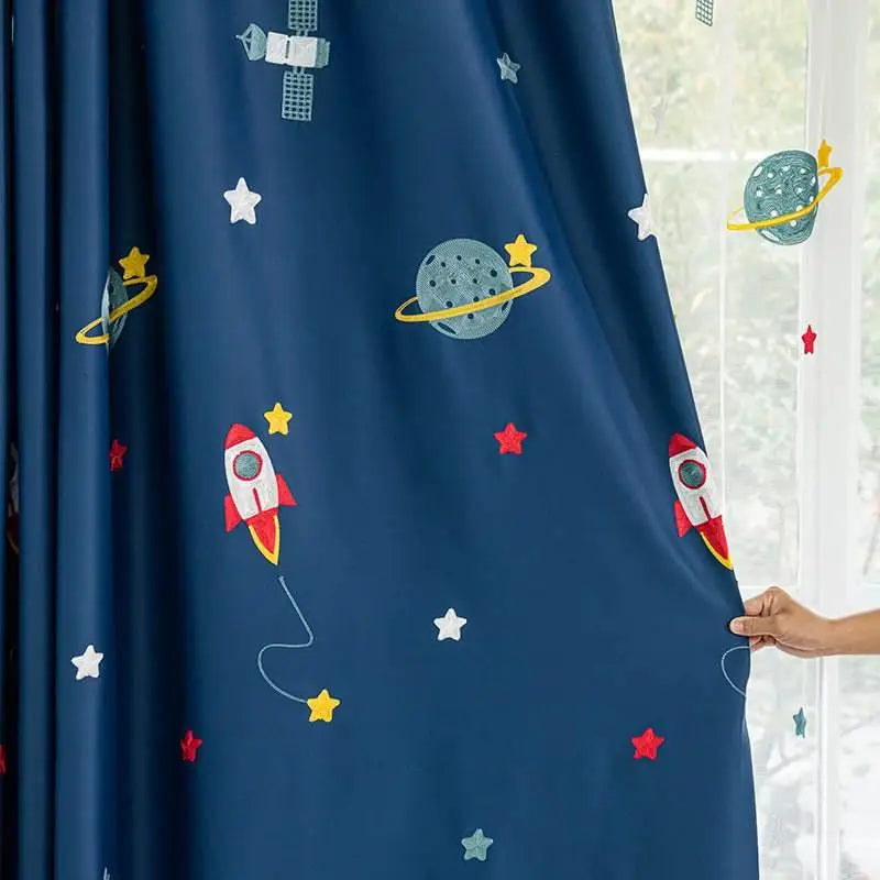 rideau occultant bleu espaces cosmiques dessin animé moderne enfant insonorisation polyester