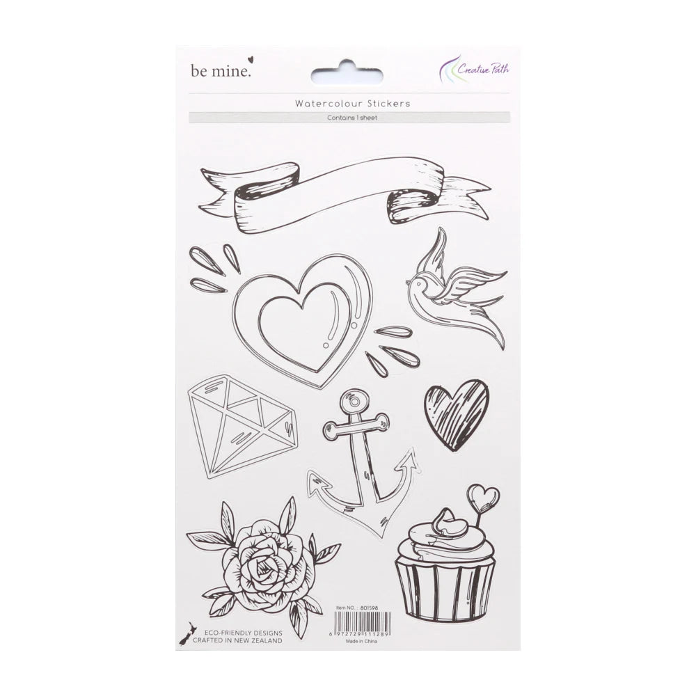 sticker aquarelle fleurs rubans coeurs diamant ancre cupcake oiseau flèche texte be mine forever