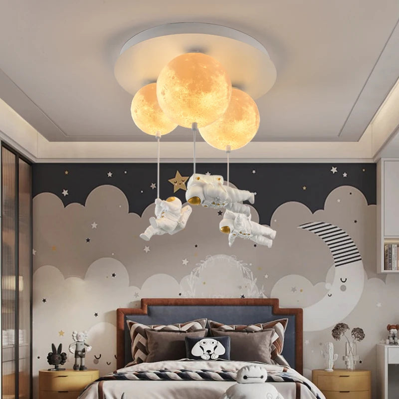 suspension lumineuse moderne astronautes lune blanc doré acrylique métal toucher interrupteur led 18cm 20cm