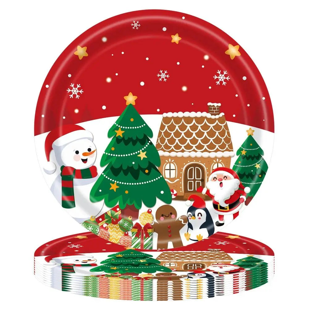 vaisselle noël 24 pièces assiettes fourchettes couteaux serviettes père noël motifs traditionnels rouge blanc