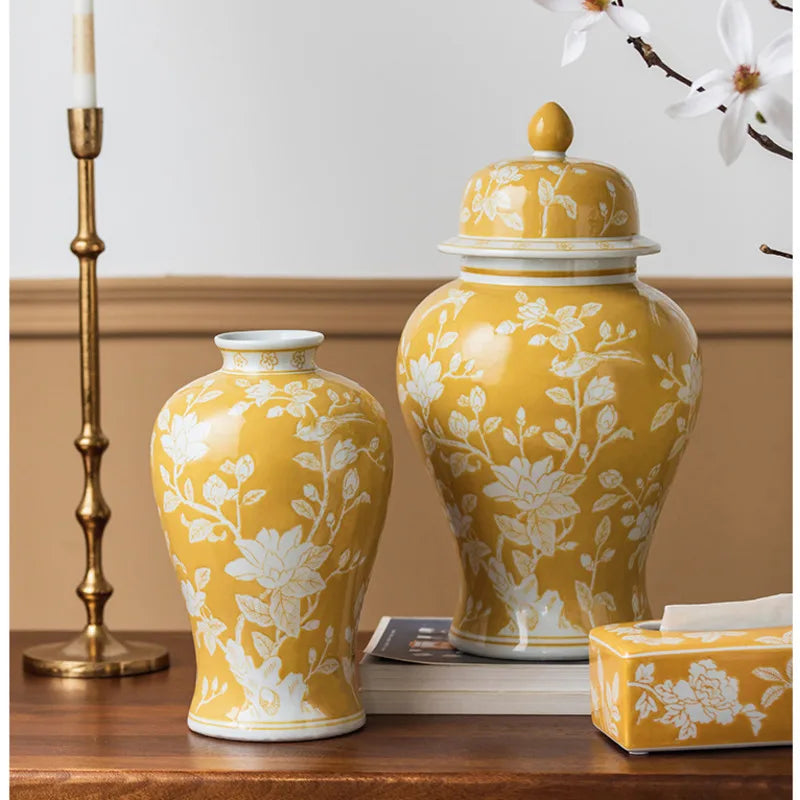 vase table céramique moderne jaune blanc fleurs hydroponique artisanal ornement classique