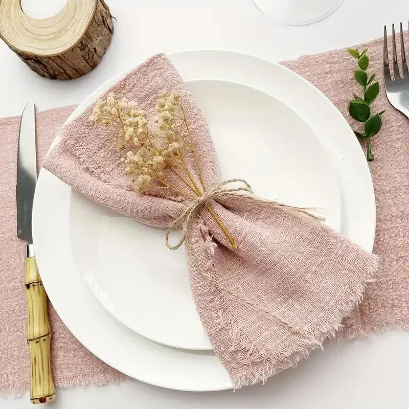 lot dix serviettes table coton beige clair franges rustiques mariage décoration chic maison