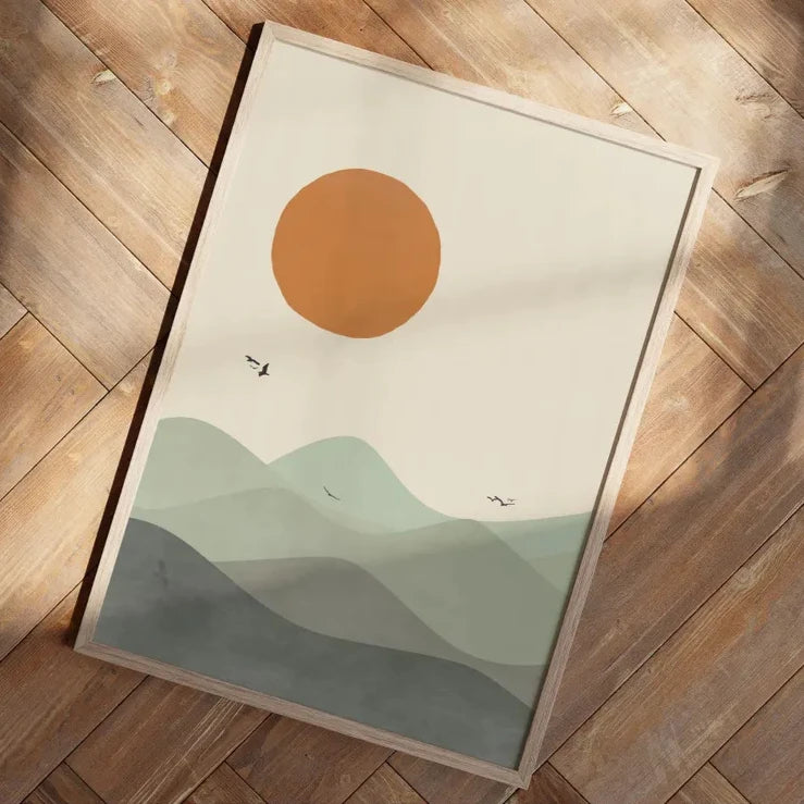 affiche abstraite paysage montagne soleil lune oiseaux moderne minimaliste beige orange vert gris noir