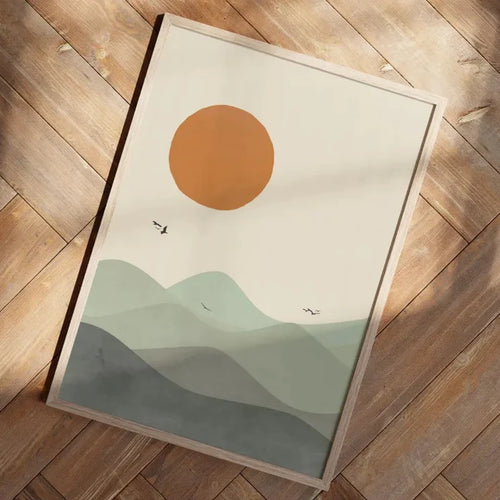 affiche abstraite paysage montagne soleil lune oiseaux moderne minimaliste beige orange vert gris noir