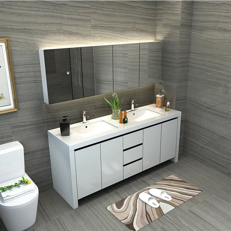 meuble salle bain blanc moderne deux lavabos miroir savonnières porte savon