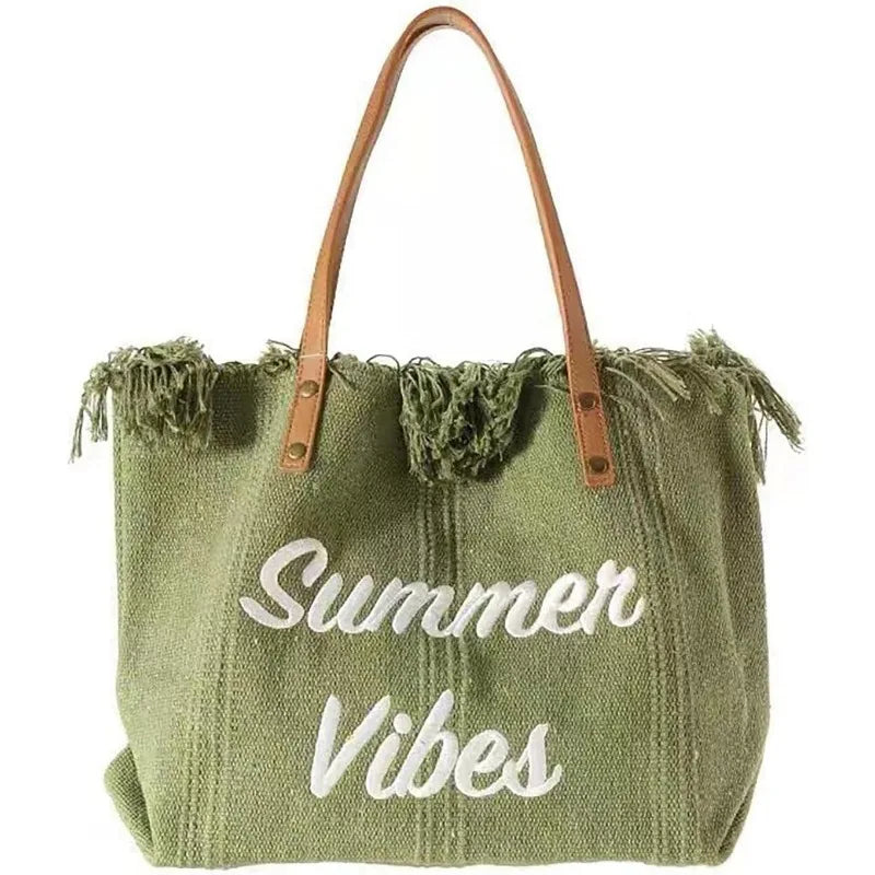 sac main toile vert olive rose beige clair franges été pliable durable haute qualité