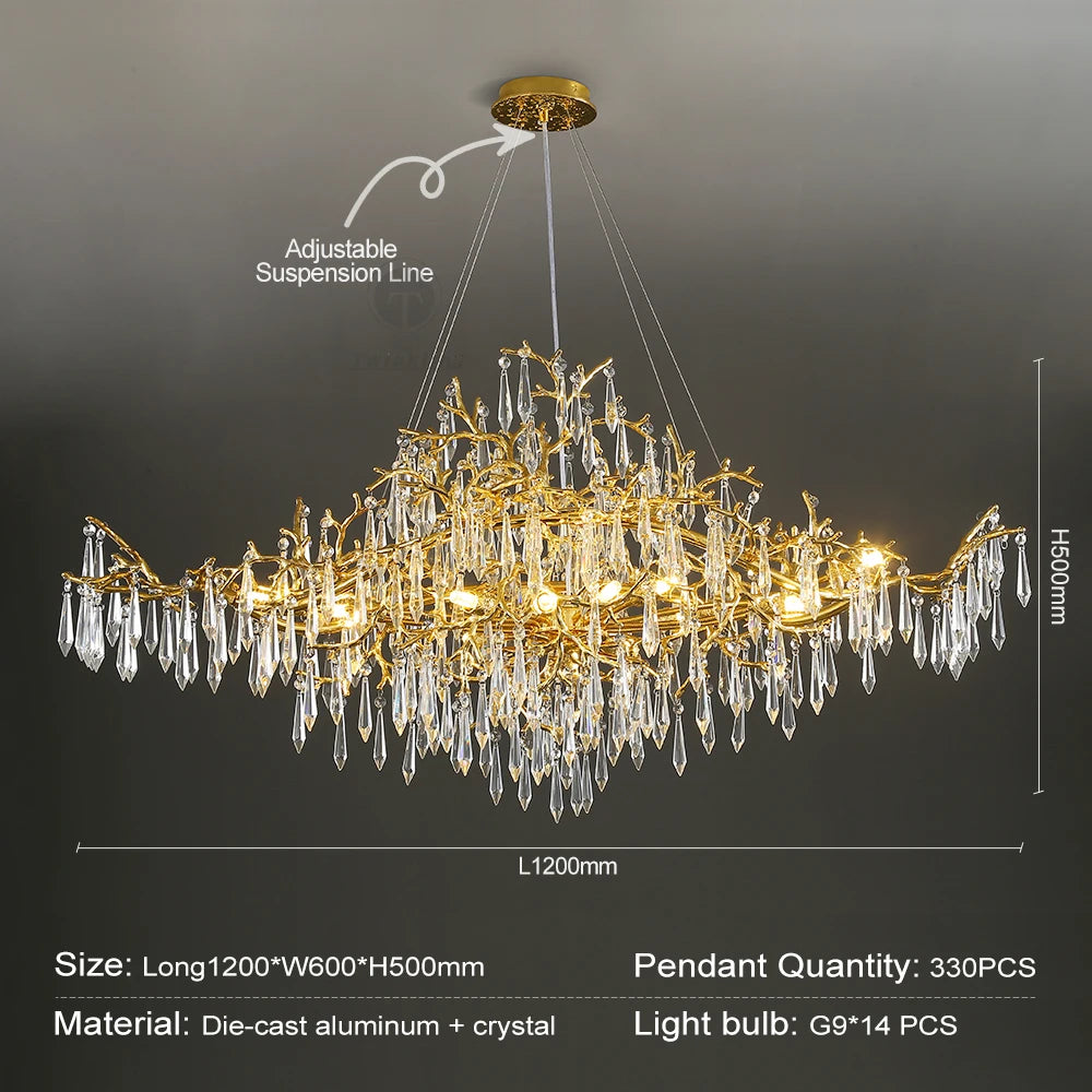 lampe suspendue or cristal moderne branches dorées pendeloques transparentes chambre salon