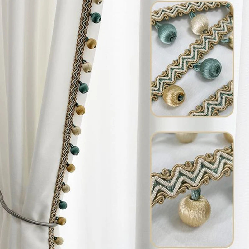 ruban rideau pompons vert doré élégant décoration partie zigzag coton polyester