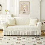 housse canapé jupe motif feuilles jacquard beige vert pastel oreillers assortis