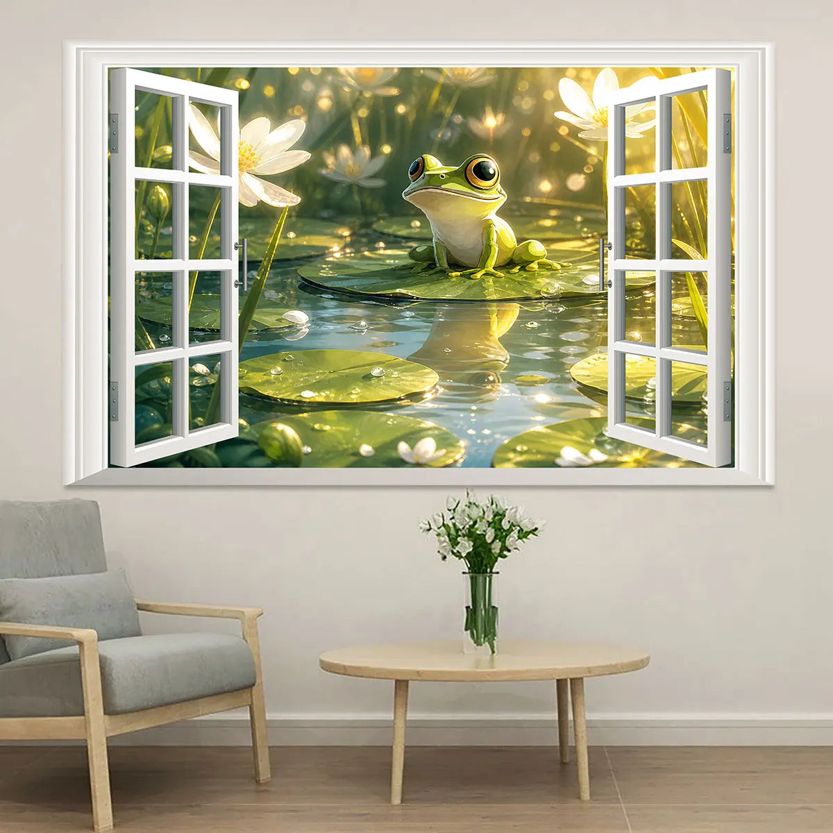 autocollant mural 3d paysage nature morte grenouille lotus feuilles fleurs reflets dorés salon décoration