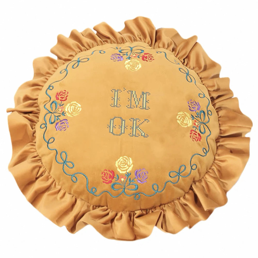 coussins rond orange floral vintage romantique bordure frisée coton polyester inclusion message YOU'RE OK