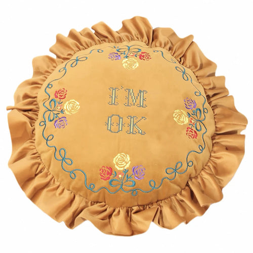 coussins rond orange floral vintage romantique bordure frisée coton polyester inclusion message YOU'RE OK