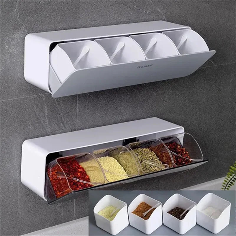boîte épices murale moderne adhésive compartiments transparents plastique blanc noir cuisine organisation