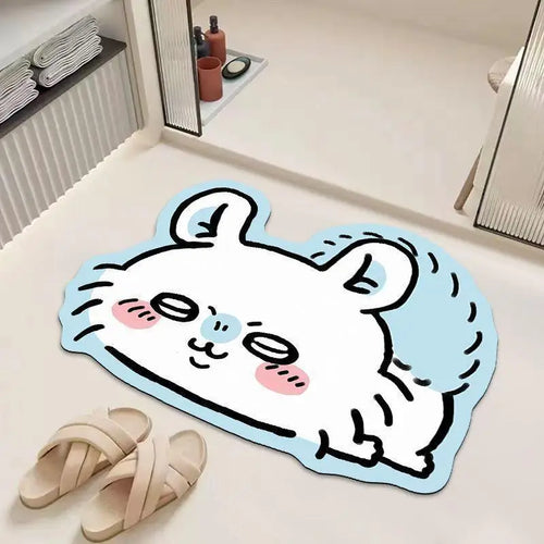 tapis sol salle bain antidérapant absorbant diatomée chats yeux roses moustaches noires bleu clair