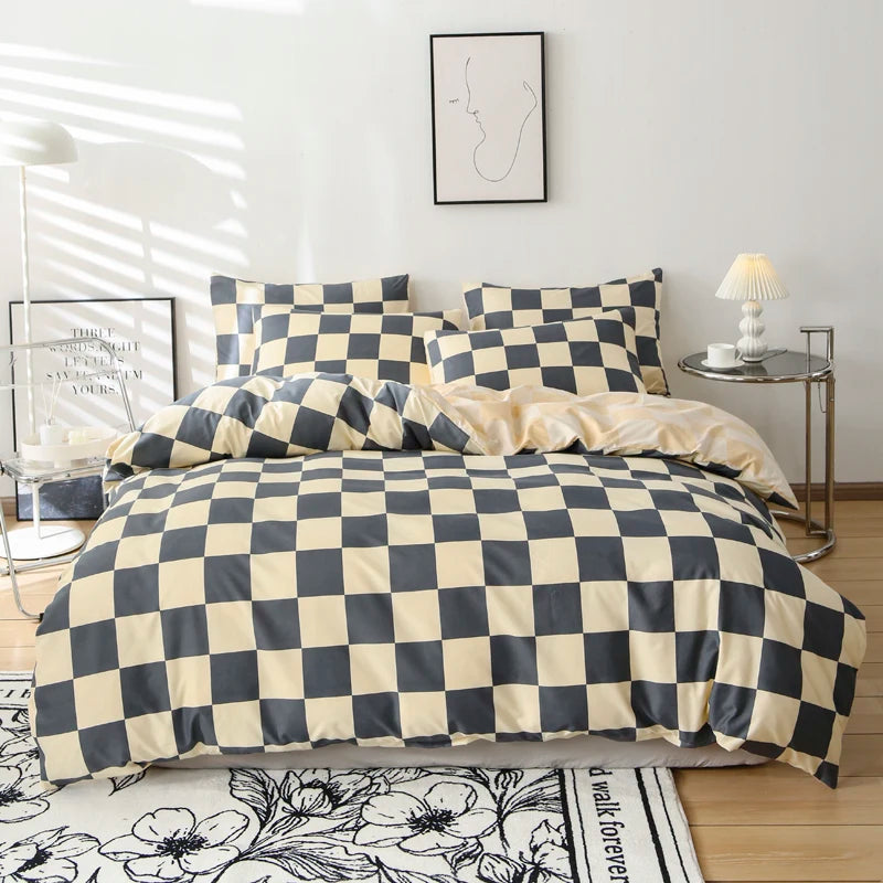 ensemble literie moderne gris beige carreaux polyester machine lavable 150x200cm taies d'oreiller