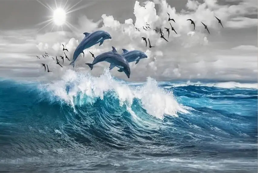 tableau impression dauphins sautant vagues océan moderne toile paysage vertical maison décoration art mural