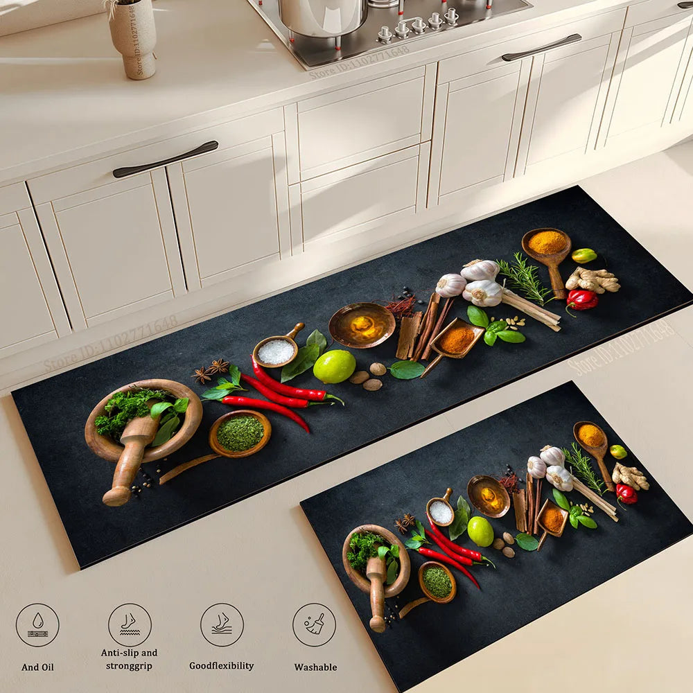tapis cuisine antidérapant motif épices herbes fruits ustensiles moderne noir bois naturel décor