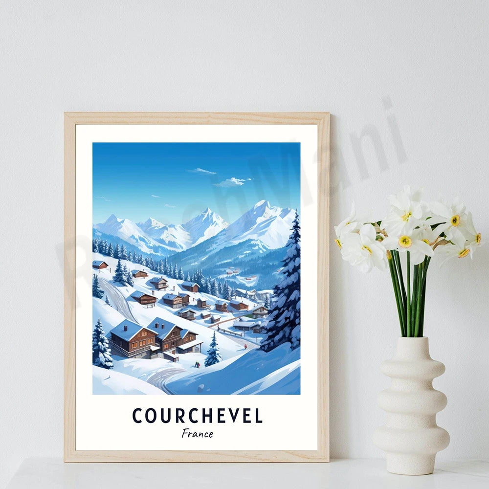 Une scène d'hiver dans un paysage montagneux enneigé avec des chalets de bois et des skieurs sur les pistes, illustrant la station de ski de Courchevel en France.